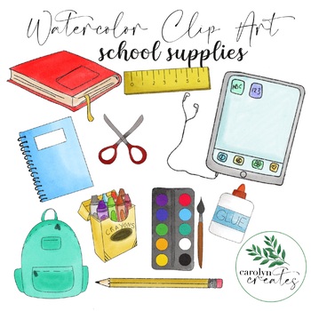 School Supplies clip art png, Cute School clipart watercolor