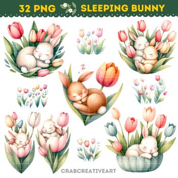 Preview of Watercolor Sleeping Bunny Clipart, Adorable Rabbit & Tulips PNG, Easter PNG