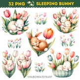 Watercolor Sleeping Bunny Clipart, Adorable Rabbit & Tulip
