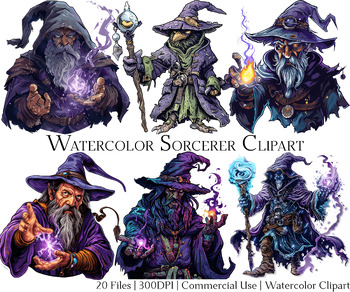 Preview of Watercolor Sorcerer Clipart Set of 20 Files