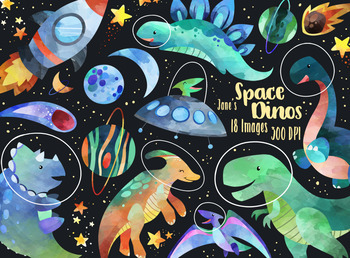 Preview of Watercolor Space Dinos Clipart