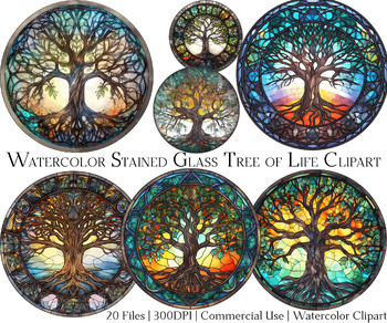 Watercolor Stained Glass Tree Of Life Clipart Set of 20 Files | TPT