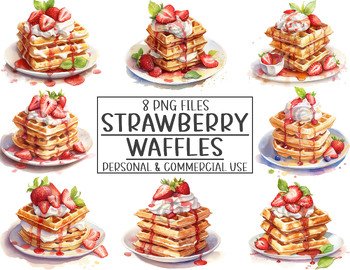 Preview of Watercolor Strawberry Waffle Clipart, PNG Strawberries & Waffles Graphics