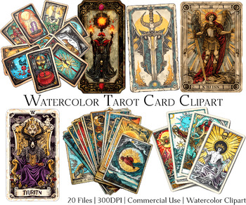 Preview of Watercolor Tarot Cards Clipart Set of 20 Files
