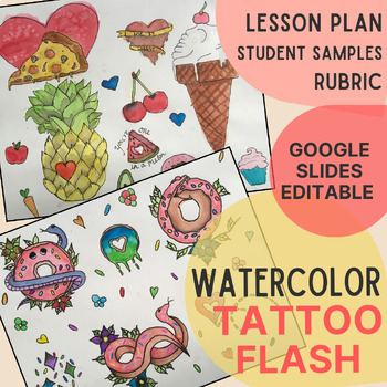 Preview of Watercolor Tattoo Flash Sheet Project | Unique Middle High School Art Lesson