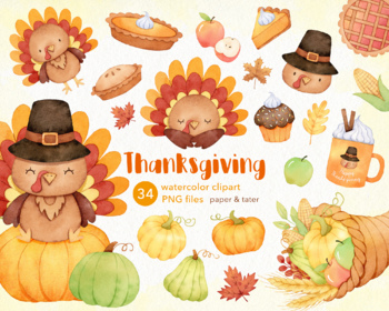Preview of Watercolor Thanksgiving Clipart, Autumn Holiday Turkey PNG