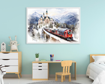 Preview of Watercolor Train & Castle Wall Art Prints: Winter, Ideal for Nursery, Kids Room