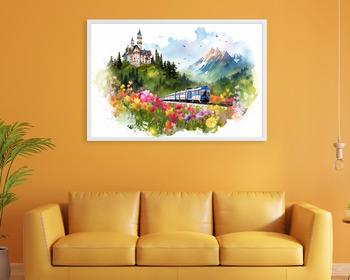 Preview of Watercolor Train & Castle in Spring Wall Art Prints for Nursery, Child's Room