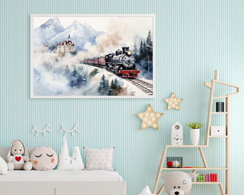 Preview of Watercolor Train & Castle in Winter Wall Art Prints for Nursery, Kids Room