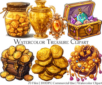 Preview of Watercolor Treasure Clipart Set of 20 Files