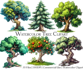 Preview of Watercolor Trees Clipart Set of 20 Files