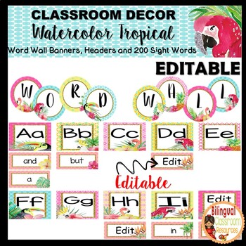 Preview of Watercolor Tropical Word Wall Banners, Headers and 200 Sight Words-Editable
