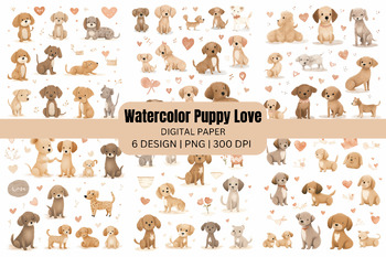 Preview of Watercolor Valentine Puppy Love Digital Paper Background