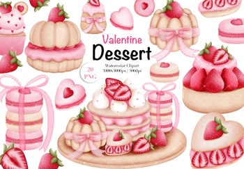 Preview of Watercolor Valentine Strawberry Desserts Clipart.