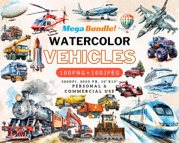 Preview of Watercolor Vehicle, Transportation Clipart Bundle, 200 Designs, 100 PNG+100 JPEG