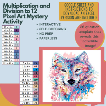 Preview of Watercolor Wolf Multiplication and Division to 12 Pixel Art Mystery Reveal