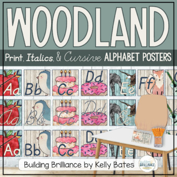 Preview of Watercolor Woodland Animals Alphabet Cards (Print, Italics, and Cursive Fonts)