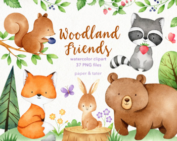 Watercolor Woodland Animals Clipart Graphics, Forest Baby Animal Clip Art