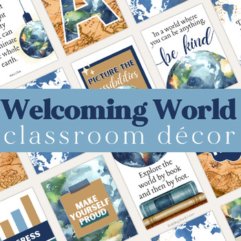 Preview of Watercolor World Classroom Decor Bundle: World Literature, Geography, History