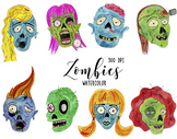 Watercolor Zombies Clipart, Zombie Head Clipart, Halloween