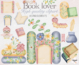 Watercolor book lover Clipart, Reading Clipart, Floral Boo
