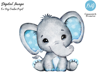Watercolor boy elephant clip art, very cute little peanut, blue gray ...