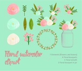 Watercolor floral clip art. Coral and mint. PNG Files.