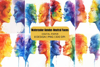 Preview of Watercolor gender-neutral faces Digital Paper Background
