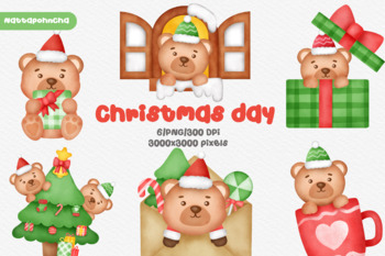 Preview of Watercolor happy Christmas bear clipart.