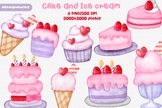 Watercolor illustration set of cake and ice cream elements