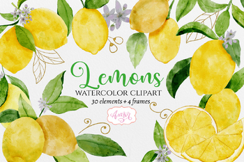 Watercolor lemon clipart with ready to use frames by Amorclipart