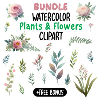 Preview of Watercolor plants and flowers clipart (Bundle)