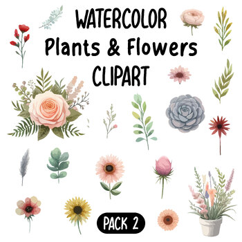 Preview of Watercolor plants and flowers clipart (Pack 2)