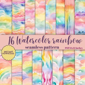 Preview of Watercolor rainbow background, rainbow digital paper, cute rainbow background
