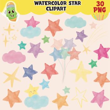 Preview of Watercolor star clipart, star clip art PNG, cloud, cute stars clipart, galaxy