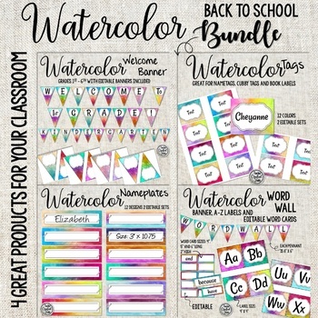 Preview of Watercolor Back to School Essentials Bundle | Word Wall | Welcome Banner | Tags