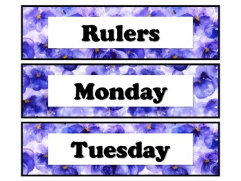 Preview of WatercolorPansy, Violets Flowers 3 Drawer Sterilite Labels, Classroom Decor