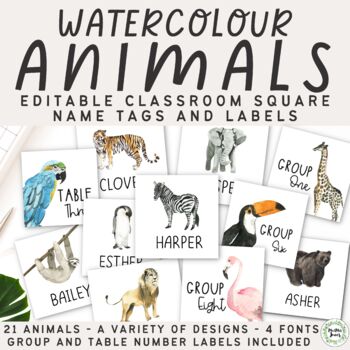 Watercolour Animal Square Classroom Name Tags and Labels- EDITABLE
