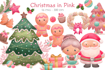 Preview of Watercolour Christmas in Pink Decoration Ornament Cartoon Vector Clipart Sticker