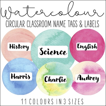 Watercolour Circular Classroom Name Tags and Labels (white text box)
