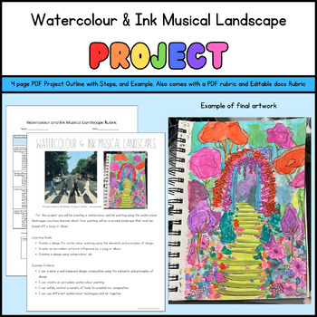 Preview of Watercolour and Ink Musical Surrealism Landscape Art project with rubric