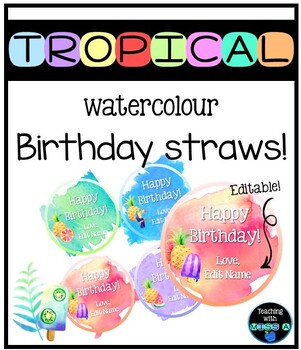 Preview of Tropical watercolour themed birthday straw toppers