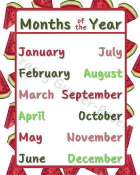 Watermelon Months of the Year Chart can print up to 16 x 20in | TPT