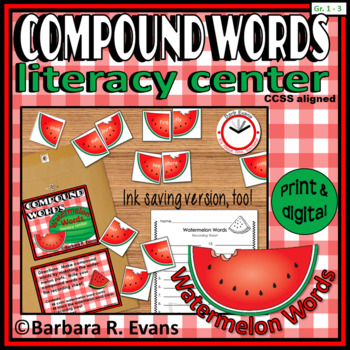 Preview of COMPOUND WORDS LITERACY CENTER Watermelon Theme Word Work Vocabulary Activity