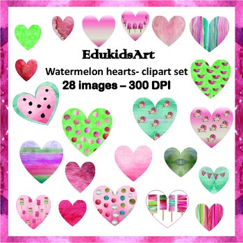 Preview of Watermelon Hearts Clip Art {Pink Red Green Watercolour Hearts}