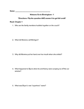Preview of Watsons Go to Birmingham comprehension questions