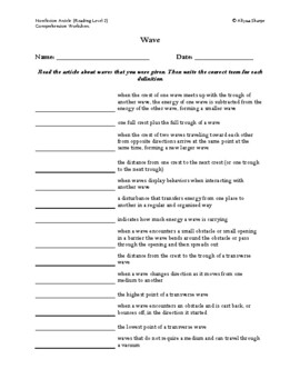 Preview of Wave Article (Reading Level 2) Comprehension Worksheet