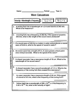 Wave Calculations Worksheet 2 Tests A and B TpT