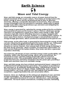 Preview of Wave and Tidal Energy Article & Questions (Word Document)