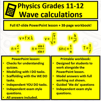 Preview of Wave calculations. Full lesson + printable student workbook. Grades 11-12